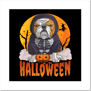 English Bulldog Witch Happy Halloween Posters and Art